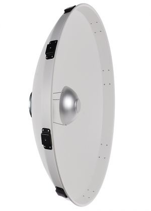 Satin-anodized reflector with white interior  and diffuser for for indirect flood, soft  illumination and controllable source lighting. 100º  coverage.